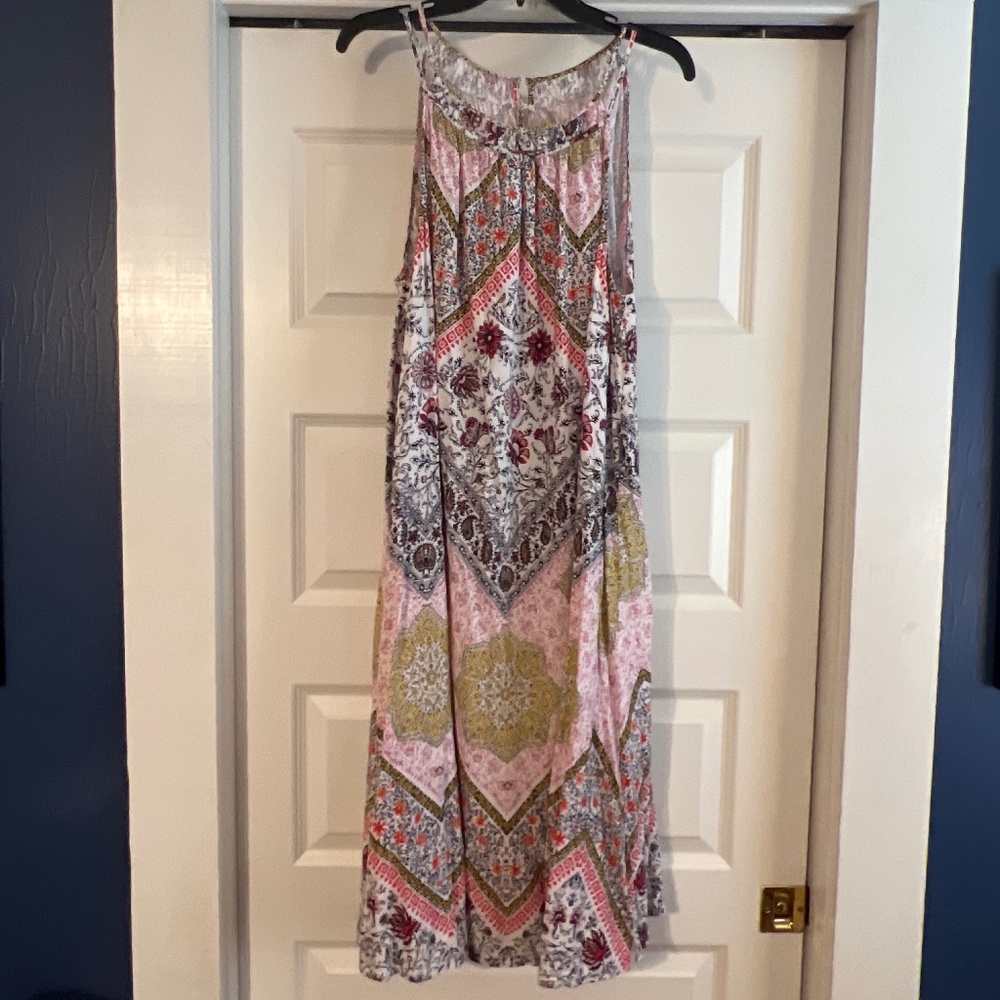 LOFT Pink, Olive & White Patterned Maxi Dress